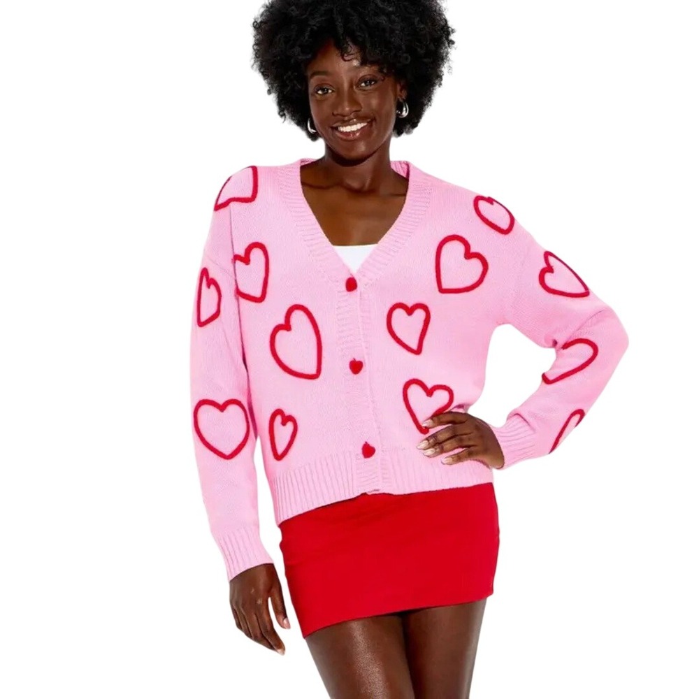 33 Degrees Women's Pink Heart Embroidered Button Front Cardigan Sweater Size XXL